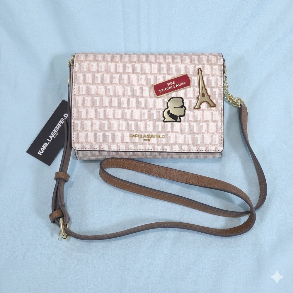 Karl Lagerfeld Paris Crossbody Bag Beige‎ Logo Eiffel Tower Patch MSRP$168 NWT